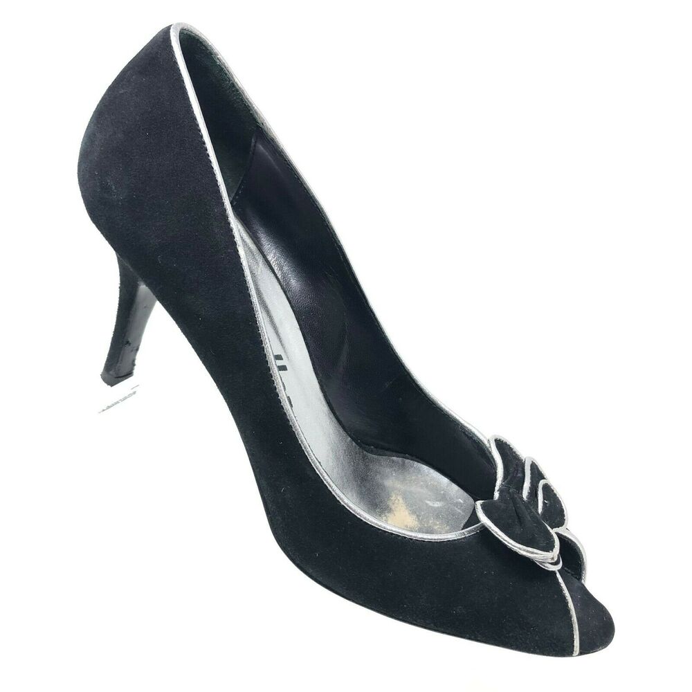 Bettye Muller Shoes 7 Peep Toe Heel Black Suede Silver Bow Womens Pump